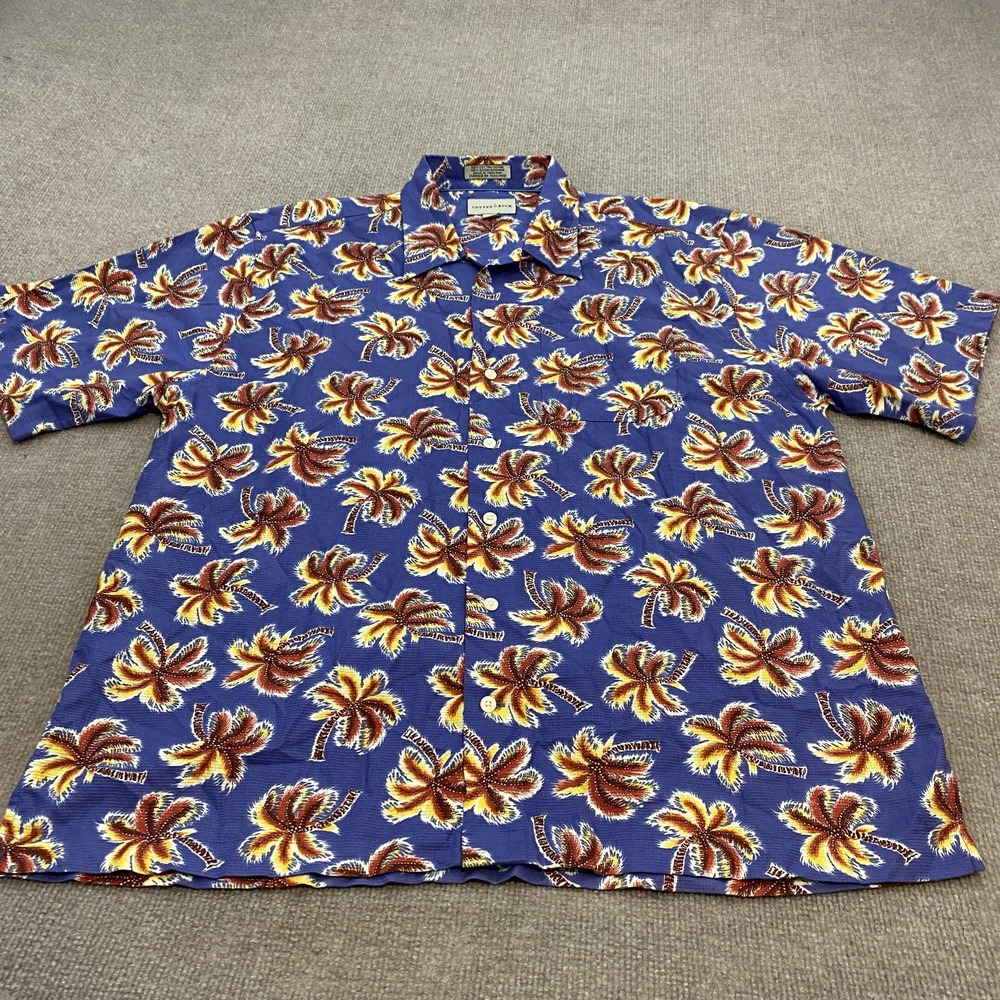 VTG Cutter & Buck Shirt Men Large Blue Palm Tree Hawaiian Camp Loop Collar Rayon